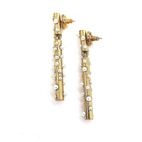 18K Gold plated Oscar De La Renta Glass Pearl Drop Dangle Bar Pillar Earrings - Picture 2 of 5